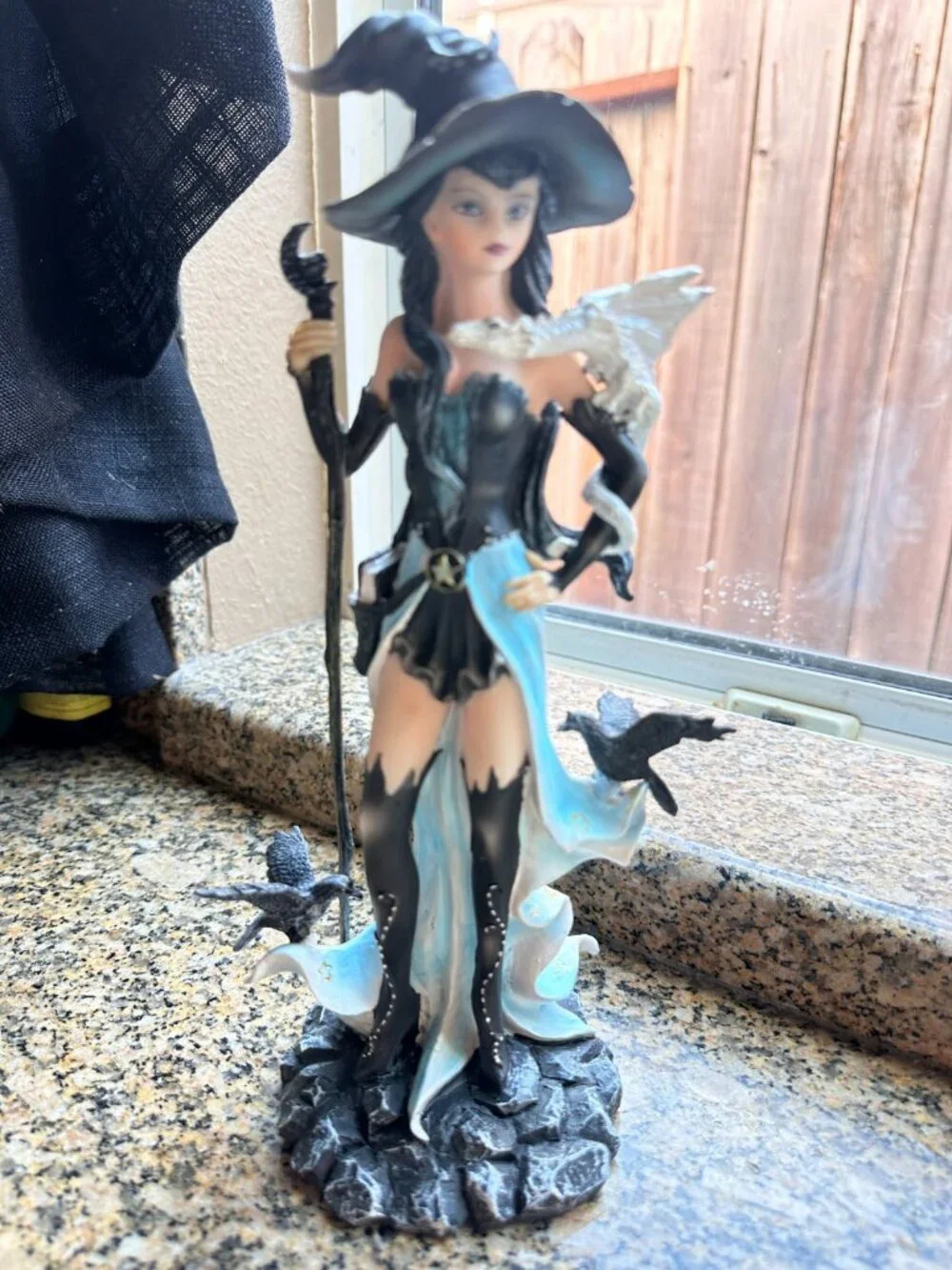 Gothic Fantasy Sorceress Statue Witch Resin Figurine with White Dragon & Ravens